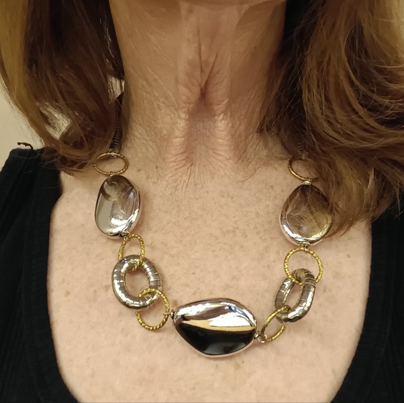 Vintage Two-Tone Mirrored Necklace Silver Gold Statement Piece - Picture 3 of 5